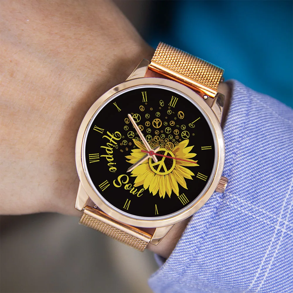 Hippie Soul Sunflower Design Silver Man Personality Watch Traditional Pointer Simple Fashion Watches Gift Black Rose Gold Case