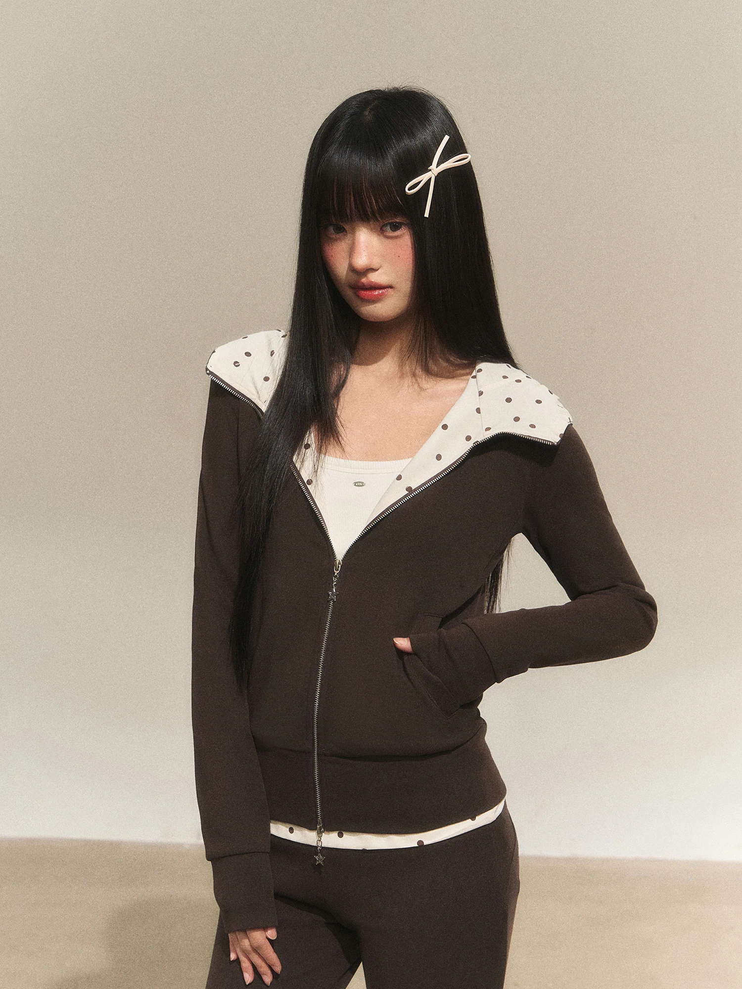 

Wedhub Korean Sle Polka Dot Color Blo Hoodie Jaet Women's Slim Fit Long Sve Zipper Closure Casual Top