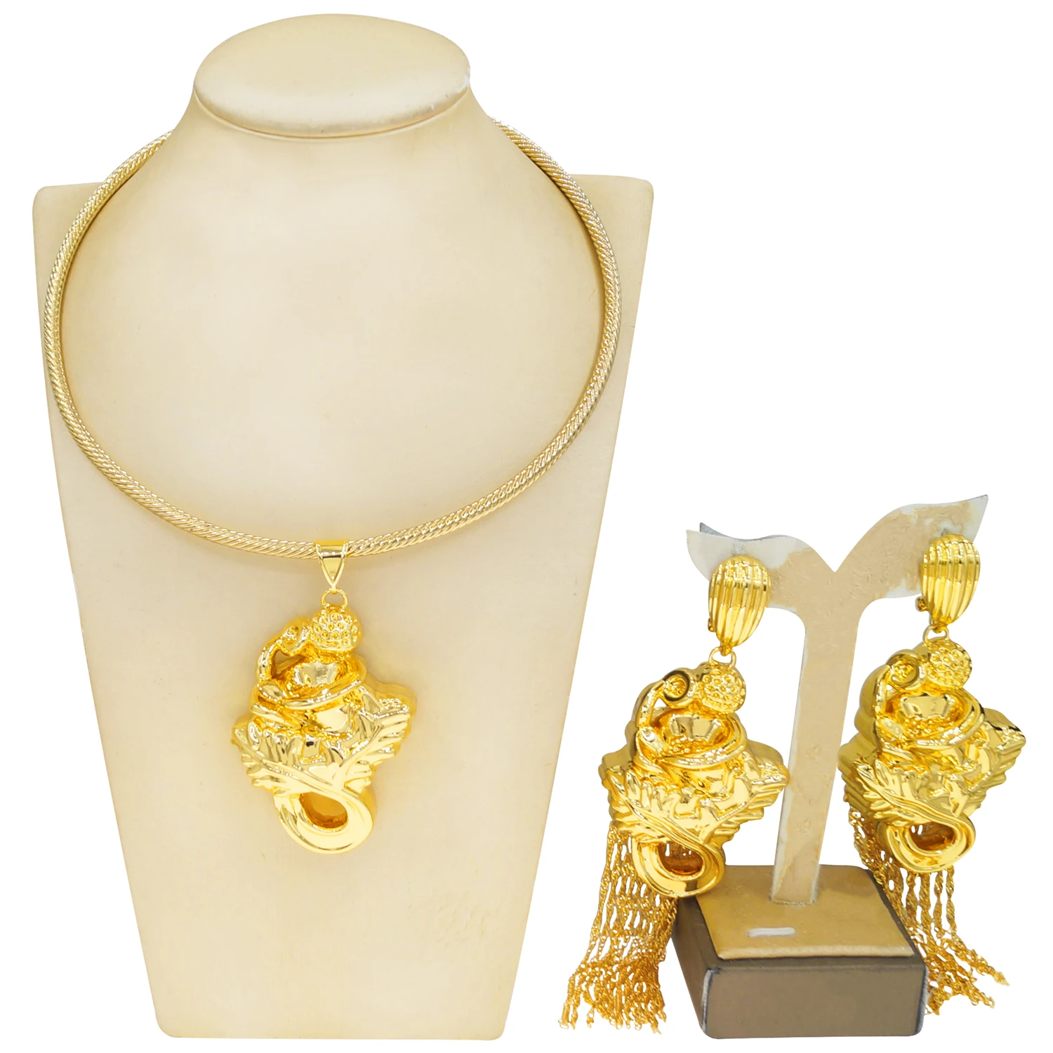 

Yulaili Gold Plated Italian Jewelry Set for Women Light Weight Big Necklace Pendant Bold Tassel Earring African Party HK123614