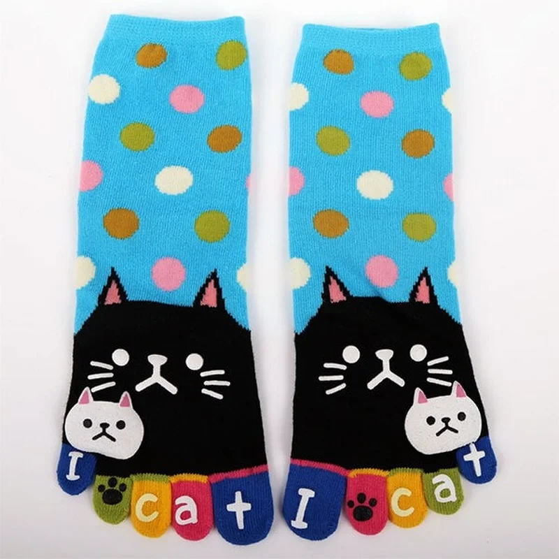 2023 New Cat Pattern Fall/winter Cartoon Five-finger Socks Women Cute Cartoon Cat Five Toes Socks Thick Warm Middle Tube Sock