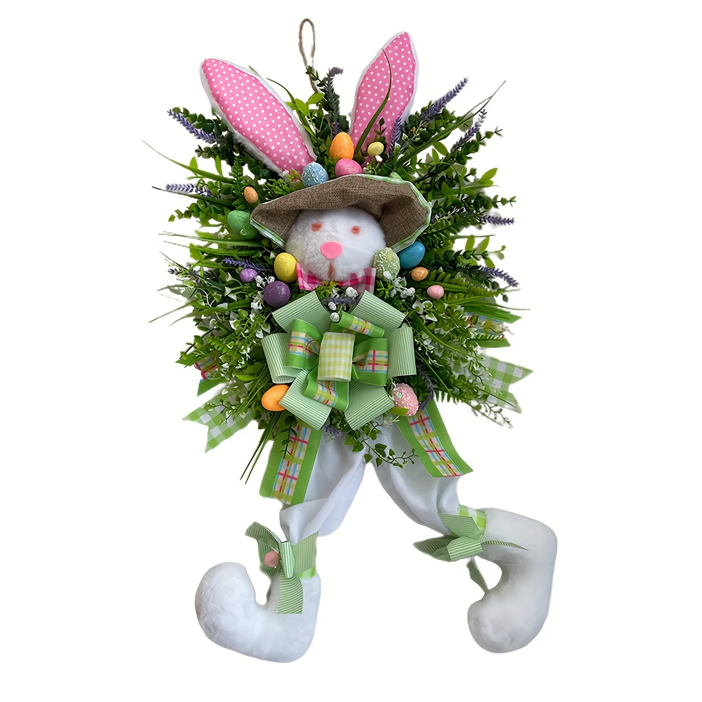 Flat Bunny Wreath with Eggs & Flowers. For Easter, Spring, Mother's Day & Christmas. No Electricity, Durable Decor.