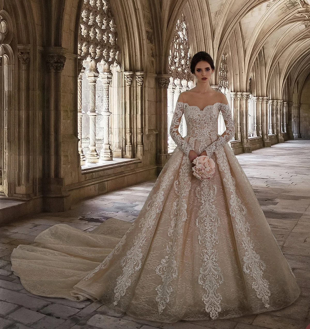 Vestido de novia de vestidos de novia champán con hombros descubiertos, Retro, bordado, hecho a medida, apliques de encaje