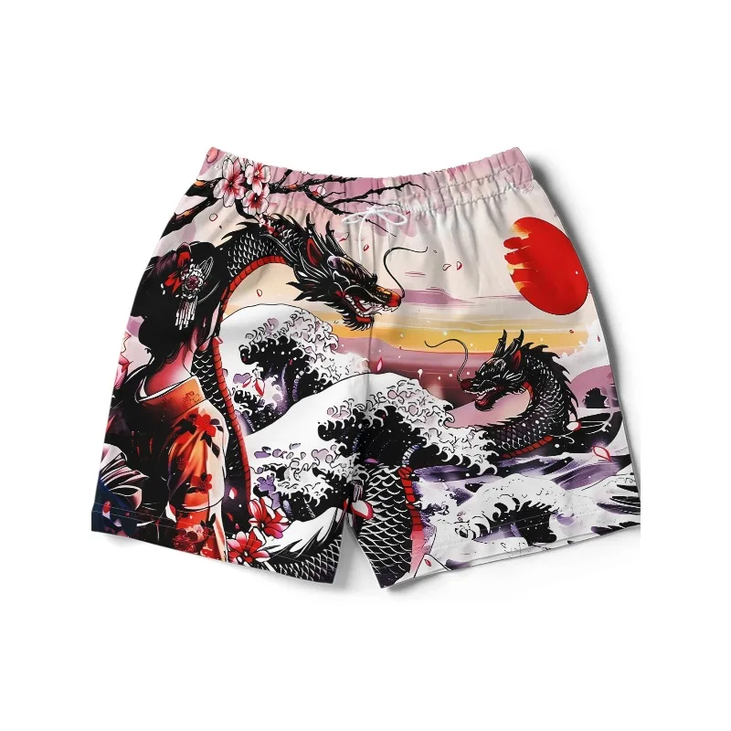 

2026 New Shorts, Men's Shorts, Double Dragon Gazing At The Red Sun Print, Casual Beach Shorts, Perfect Gift for Male Friends