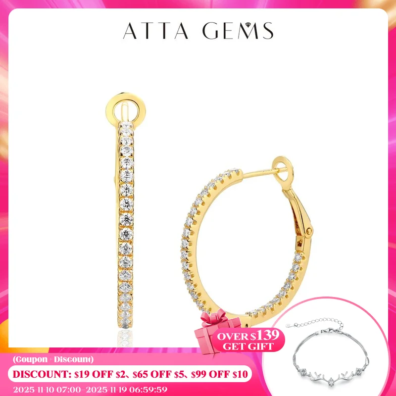 

Attagems Moissanite Hoop Earrings for Women 1.5mm D Color 925 Sterling Silver Plated Yellow Diamond Earring Wedding Fine Jewelry