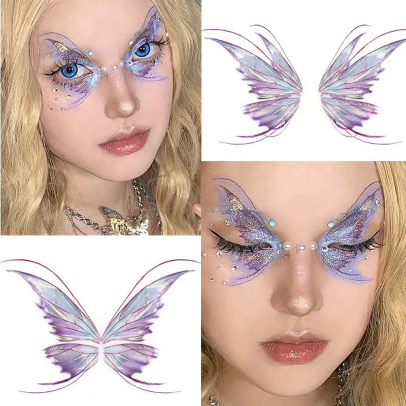 Purple Fairy Butterfly Tattoo Stickers Waterproof Eyes Face Stickers Glitters Body Art Fake Tattoos Dance Music Festival Make Up