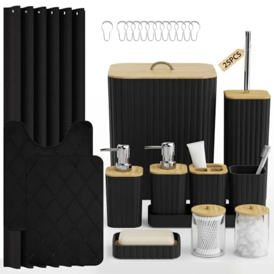 

Bathroom Accessory Set - 25PC Bathroom Sets with Shower Curtain and Rugs, Black Bathroom Set, Bathroom Accessories Set, Shower