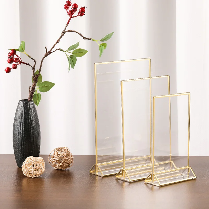 1Pc Picture Photo Acrylic Sign Holder Display Stand Double Sided Menu Rack Gold Frame Restaurant Wedding Party Table Number Rack