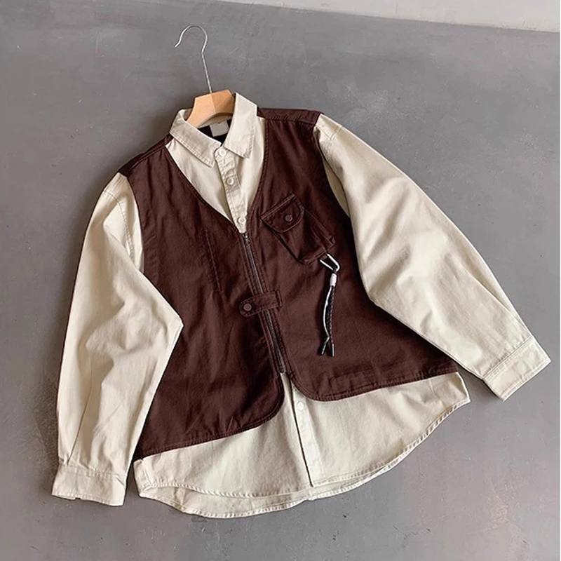 

Fake Two Pieces Work Clothes Long Sleeve Washed Patchwork Vest Shirts Men Women Casual Splice Color Loose Shirt Clothes