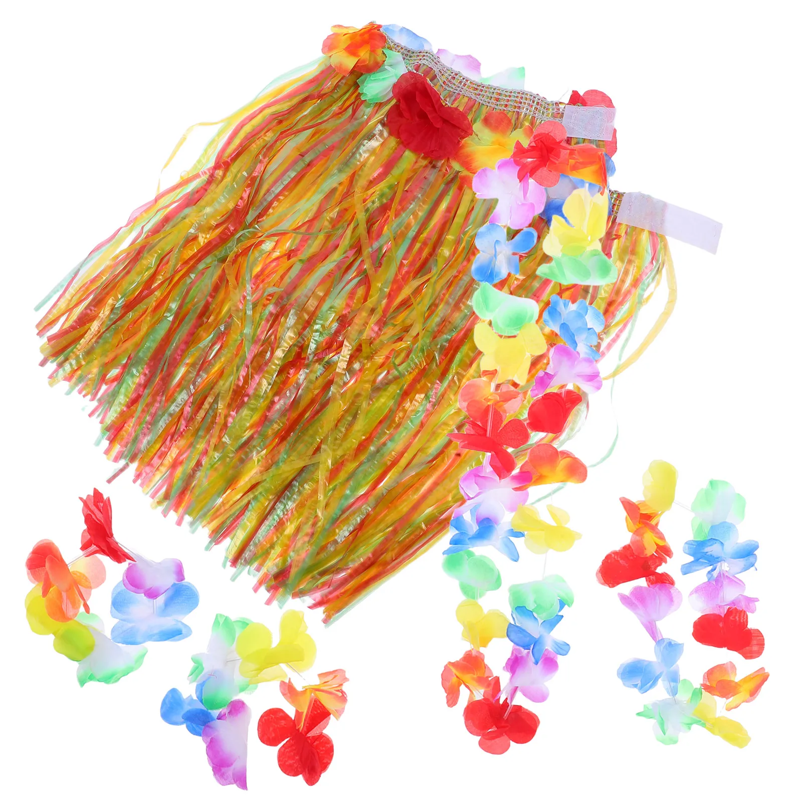 4pcs Hawaiian Kids Grass Skirt Set Luau Party Costume Dance Outfit With Head Garland Bracelets Blue Role Play Accessories