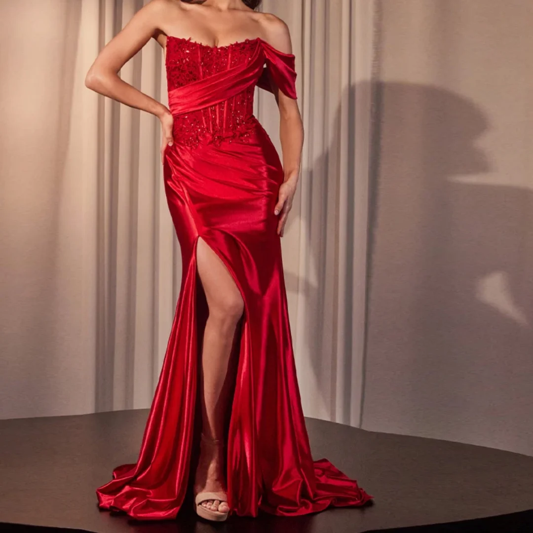 

Pleated Beads Mermaid Slit Pageant Formal Evening Dresses Glimmer Exquisite Lace Appliques Homecoming Dresses for Women Customi