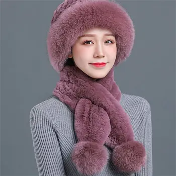 أزياء الشتاء ريكس الأرنب الفراء قبعة الدفء الباردة حماية الباردة قبعة سميكة وشاح قبعة