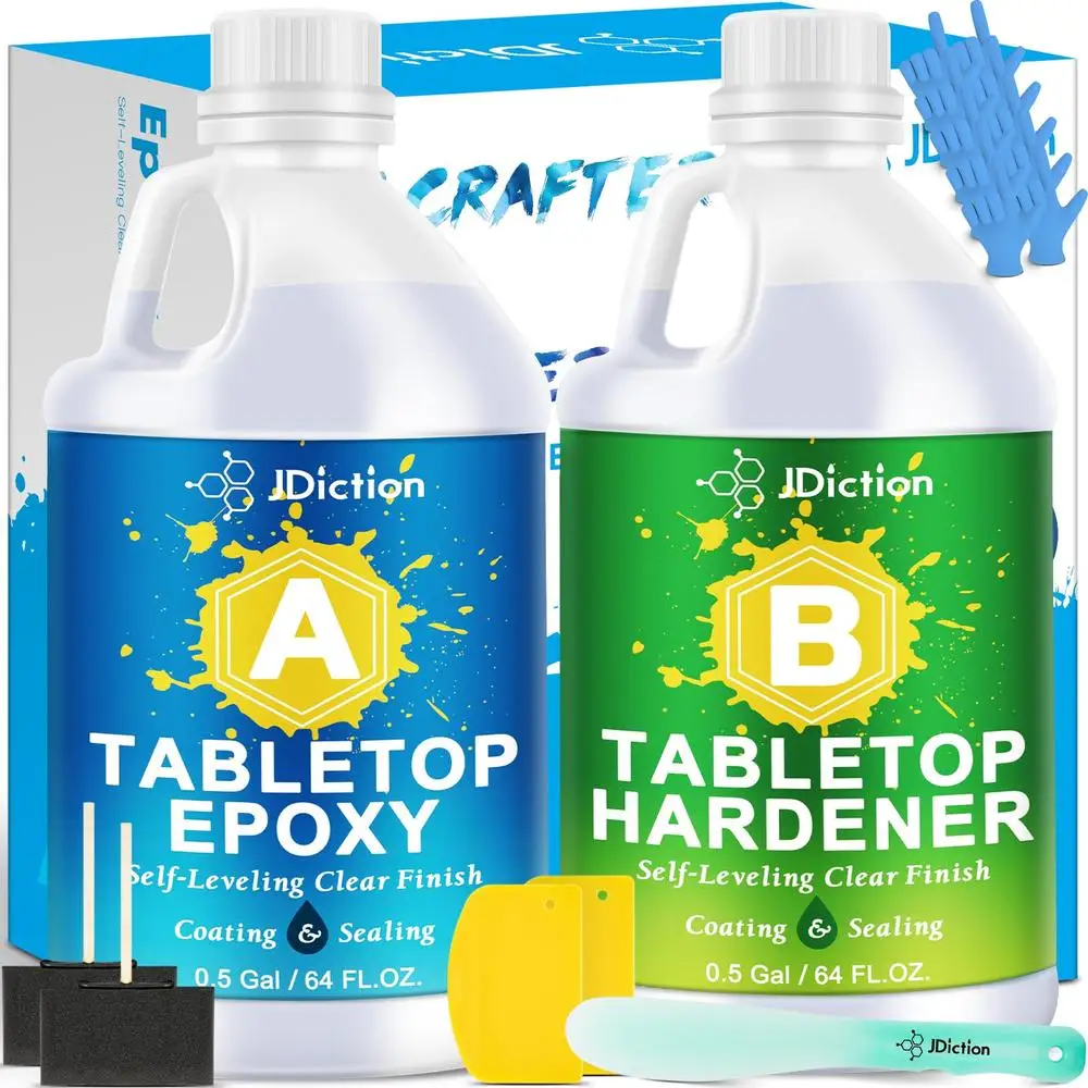 Table Top Epoxy Resin Kit 1 Gallon Crystal Clear Self-Leveling Craft Art Bubble Free Food Safe ASTM D-4236 Compliant  Free Tools