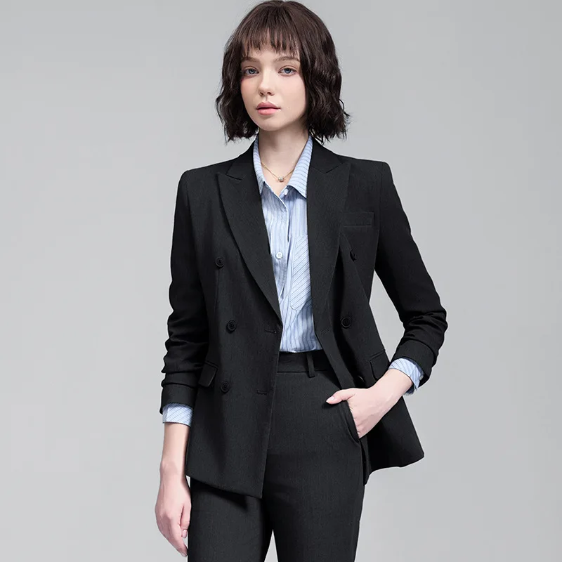 

Двубортный пиджак с длинными рукавами и небольшим воротником для женщин, рубашка и брюки, новый осенне-зимний деловой комплект из двух предметов,