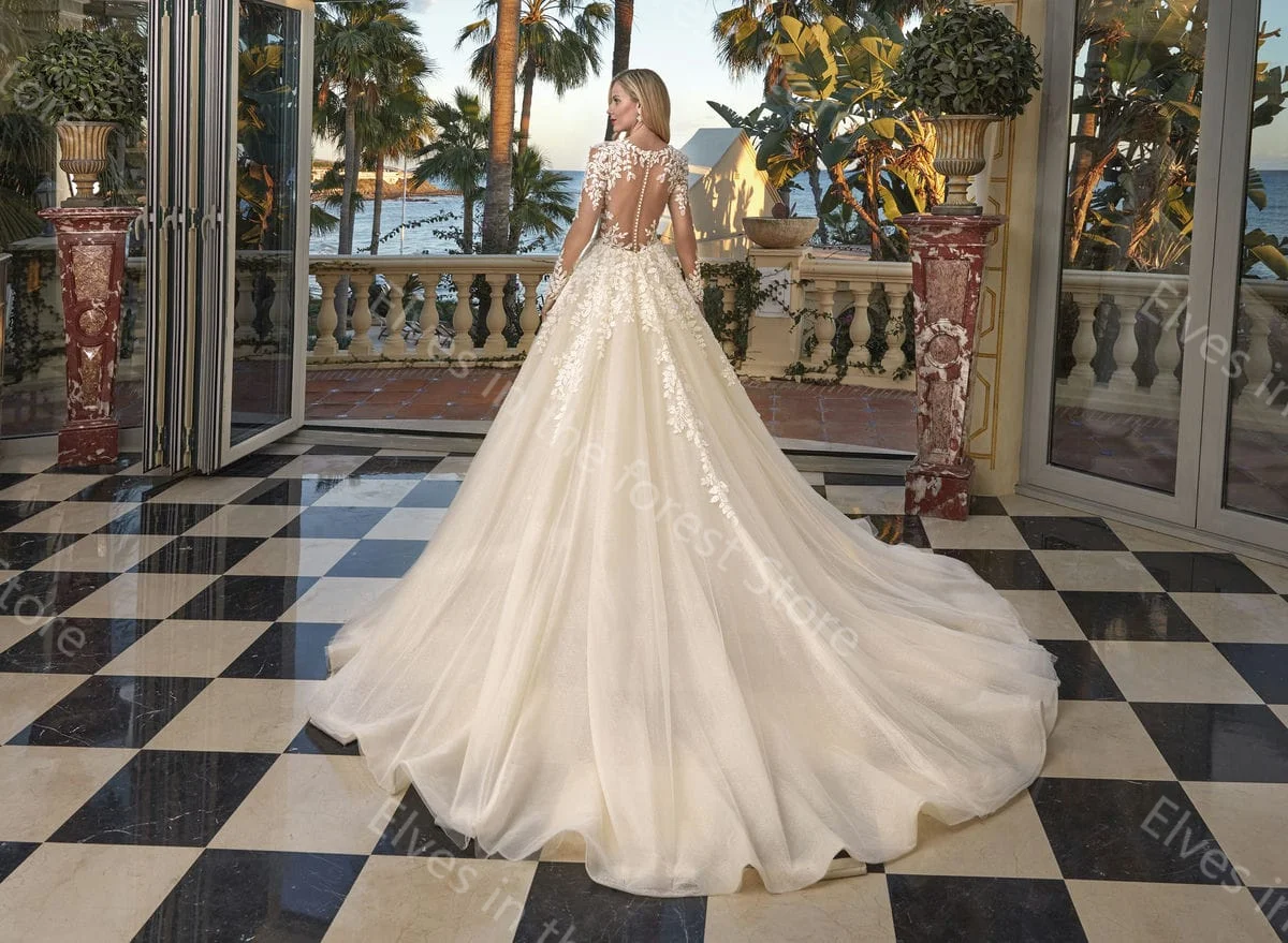 Vestidos De novia sencillos De línea A, Vestidos De novia con cuello transparente De encaje encantador, Vestidos De novia sexis De manga larga hasta el suelo, Vestidos personalizados De Mariee