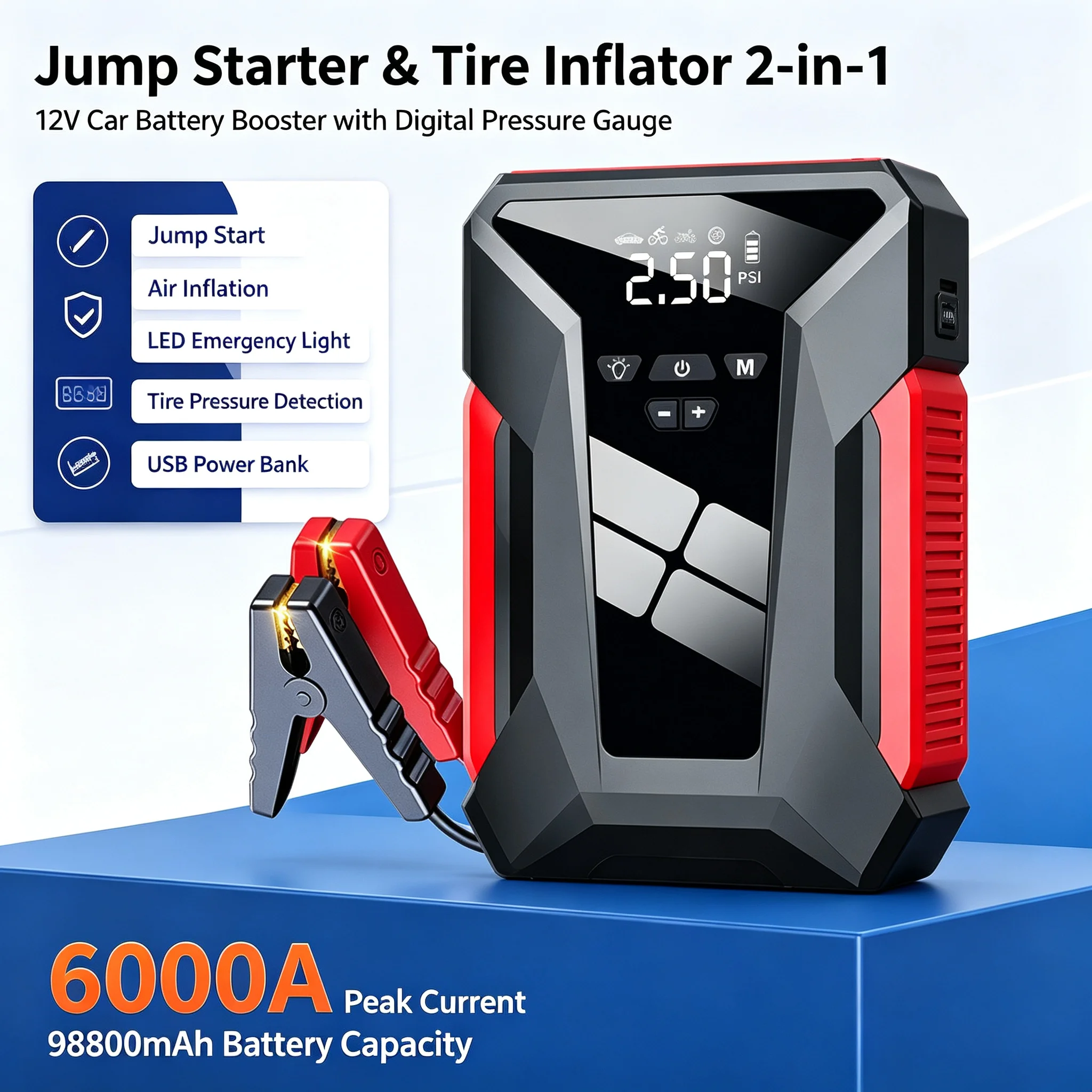 12v Automotive Battery Charger 99800mAh Car Jump Starte Device Portable Power Bank Air Pump Multi-Function4In1 Air Compressor