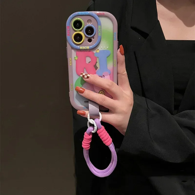 For iphone 15 16 11 12 13 14 Pro Max Phone Straps Painting Case Long Cross Body Lanyard Covers Protective Hand Chain Rich Shell
