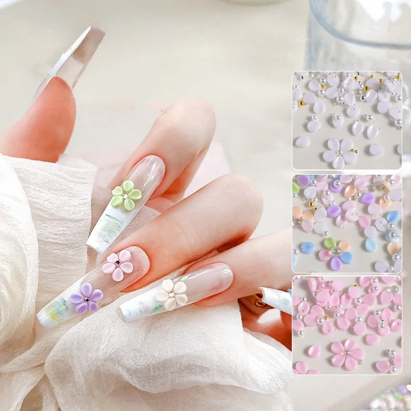 

150pcs Round colorful petals Nail Art Charms mixed Steel Ball Pearl leaves resin Nail Decoration 5-Petals Flower nail Rhinestone