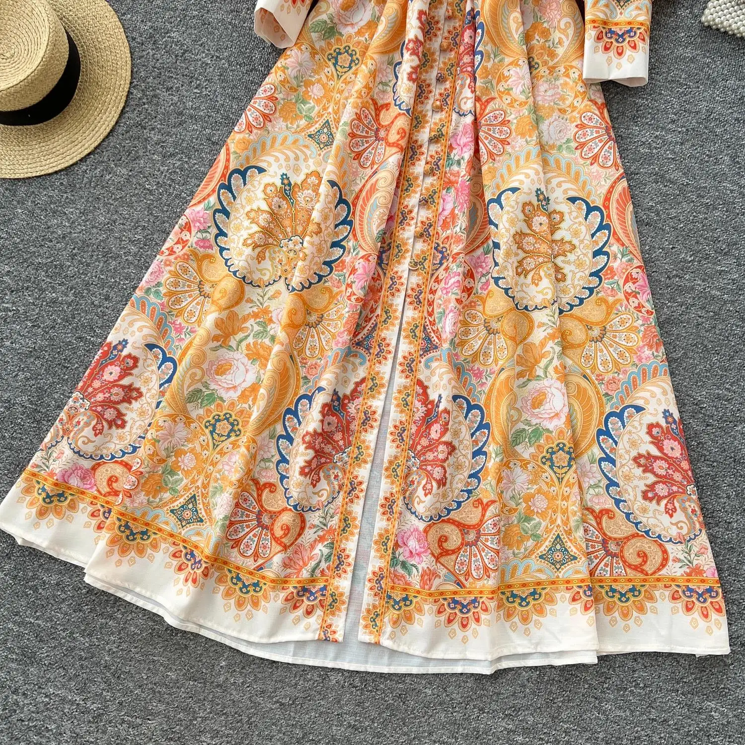 2025 Spring Holiday Muslims Floral Maxi Chiffon Shirt Dress Women's Lantern Long Sleeve Belt Vintage Print Vestidos Long Robe