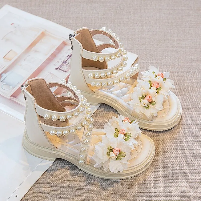 Girls' Sandals 2024 Summer New Little Girl Fashion Princess Shoes Baby Flower Fairy Style Soft Sole Pearl Shoes H087