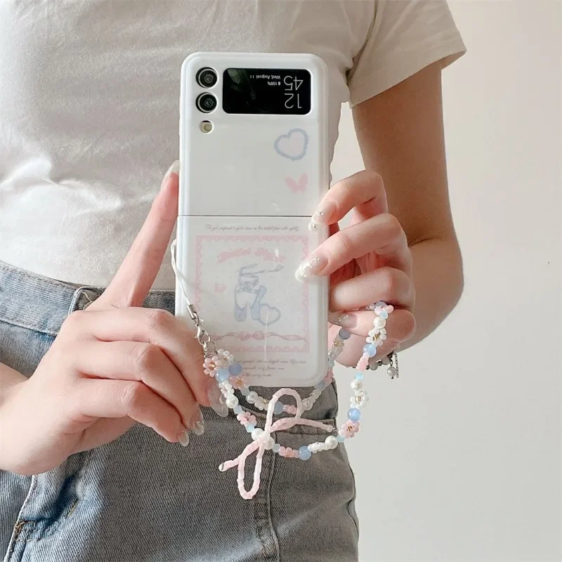 Bow Bead Phone Lanyard for Samsung Galaxy Z Flip 3 4 5 New Ultra Thin Thermal Ballet Stamp Anti Wear Phone Protective Cover