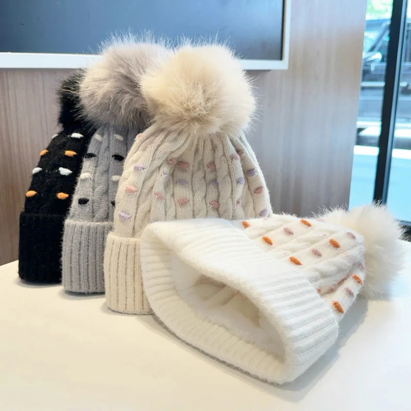 

Новая бархатная вязаная шапка для девочек, зимняя теплая и толстая вязаная шапка, толстовка для езды на велосипеде на открытом воздухе, лыжная шапка с шариком для волос
