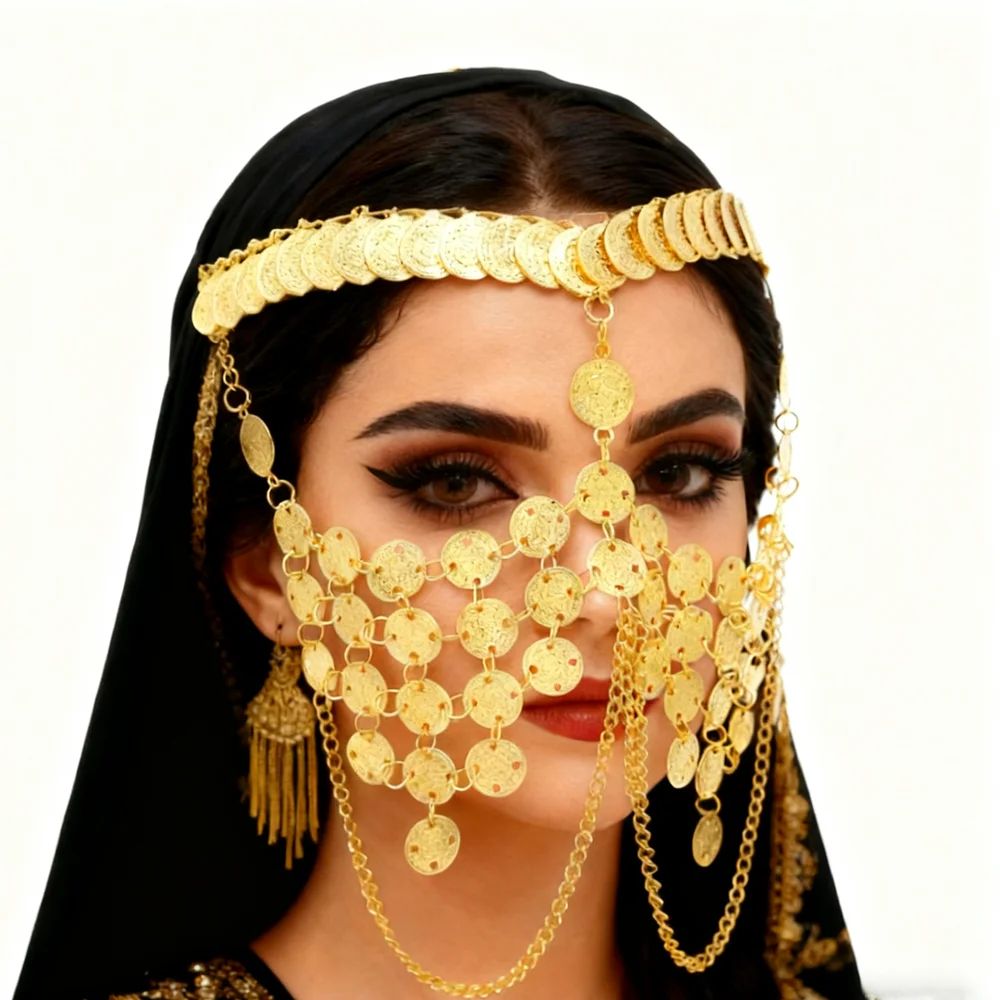 Middle Eastern Bridal Coin Tassel Face Chain,Retro Court Style，Gorgeous Wedding Dance&Celebration Accessory