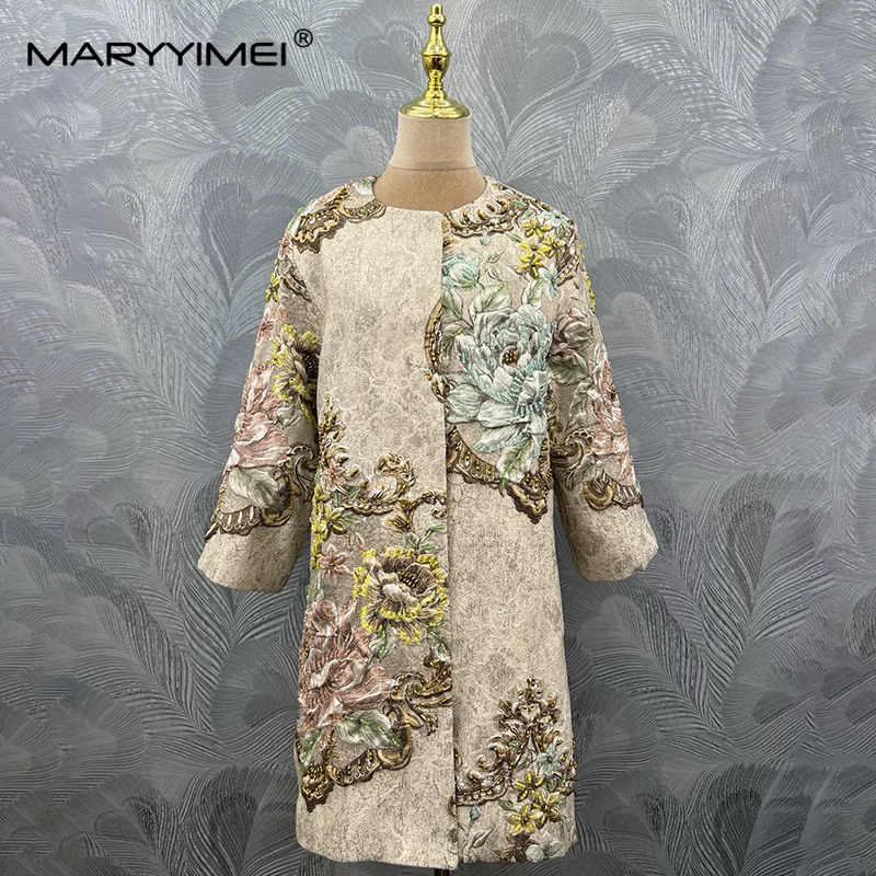 MARYYIMEI Round neck long sleeve coat with beaded jacquard long coat 2026 autumn fashion women's new style