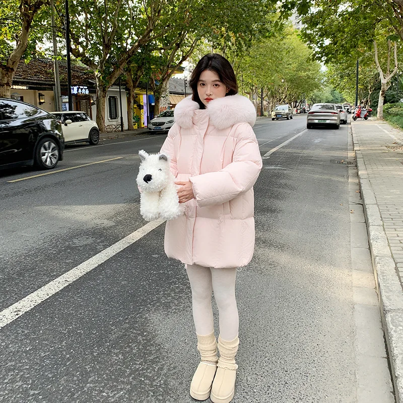 Halflange donskatoenen damesjas Verdikte modieuze winterjas met grote bontkraag Comfortabele casual stijl