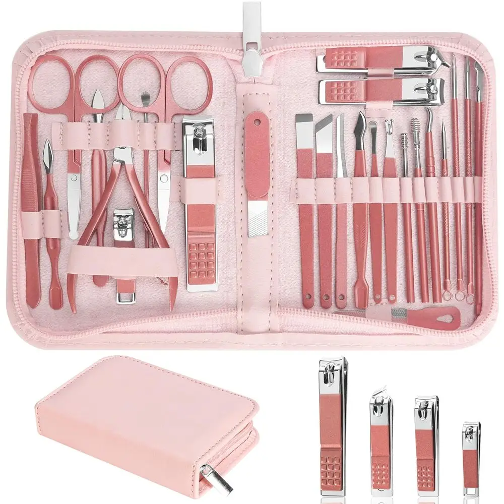 

26-Piece Stainless Steel Manicure & Pedicure Set with Travel Case, Suitable for Men & Women, Metallic Pink