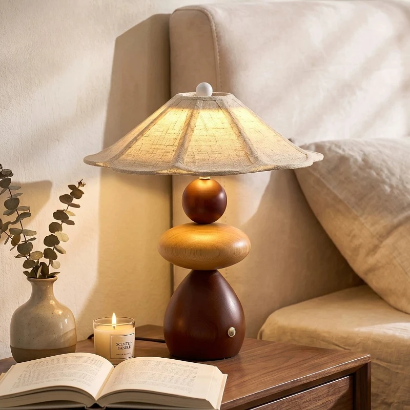 Vintage Japanese Style Bedside Bedroom Study Decor Floor LightsMid-century Wooden Table Lamp Natural Linen Scalloped Lampshade