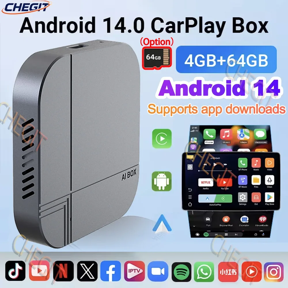 

2026 Android 14 CarPlay Smart AI Box 4+64G 2+16G Wireless Android Car Adapter Plug-and-Play Car Tv Box For YouTube Netflix