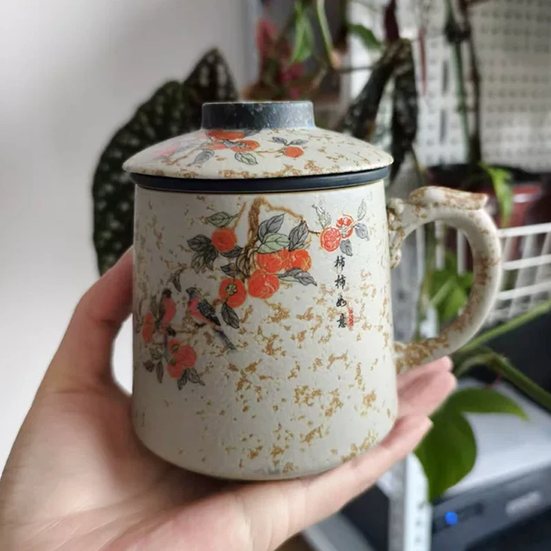 Chinese Style Ceramic Flint Red Mugs, Tea Infuser Office Persimmon Pattern Teacup, With Cover Filtered Tea Water Separation, 1Pc