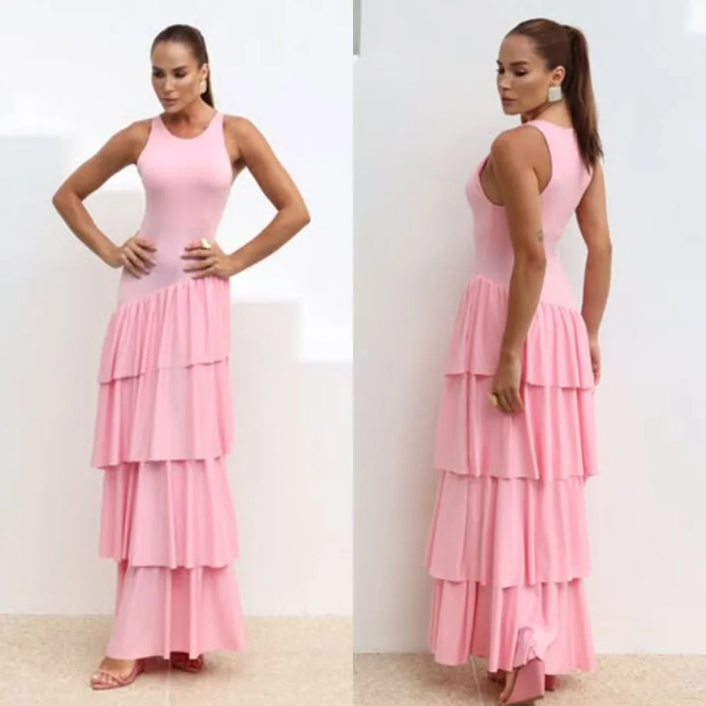 

High Quality Customized O-neck Sleeveless Pink Tiered Ankle Length Robe De Soirée Femme Luxe Dubaï Party Long Dresses فساتين