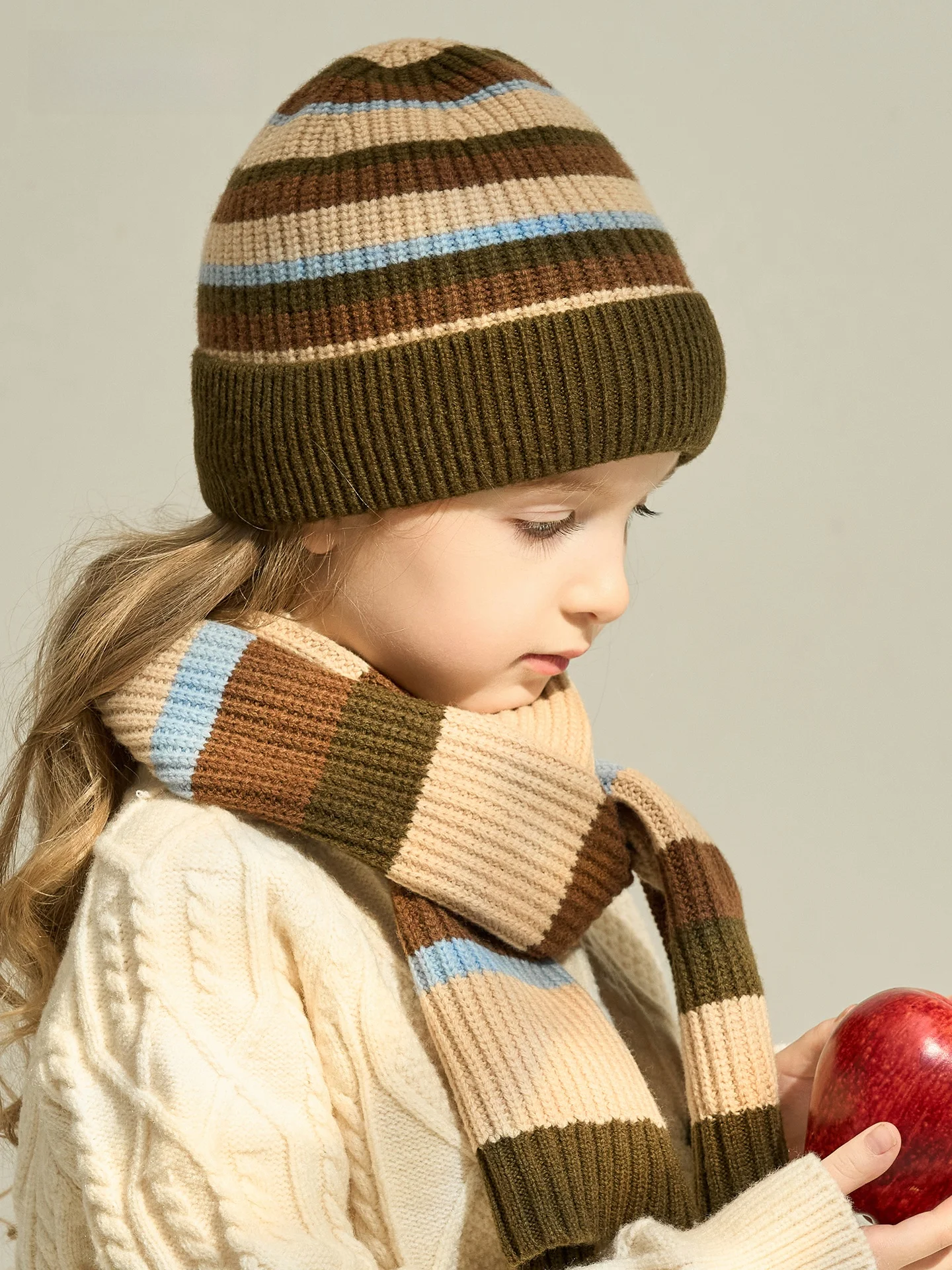 00％純毛ニット帽子とスカーフのセット、子供用、男の子用、冬用、暖かい、耳保護、防寒、ユニセックス、ストライプ柄、カジュアルウェア