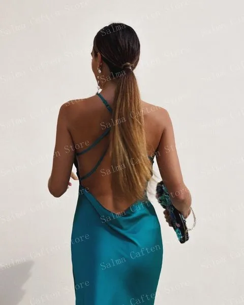 Halter Navy Blue Evening Dresses For Women Ankle Length Long Dress Sexy Satin Dress Sleeveless Open Back Women Clothing