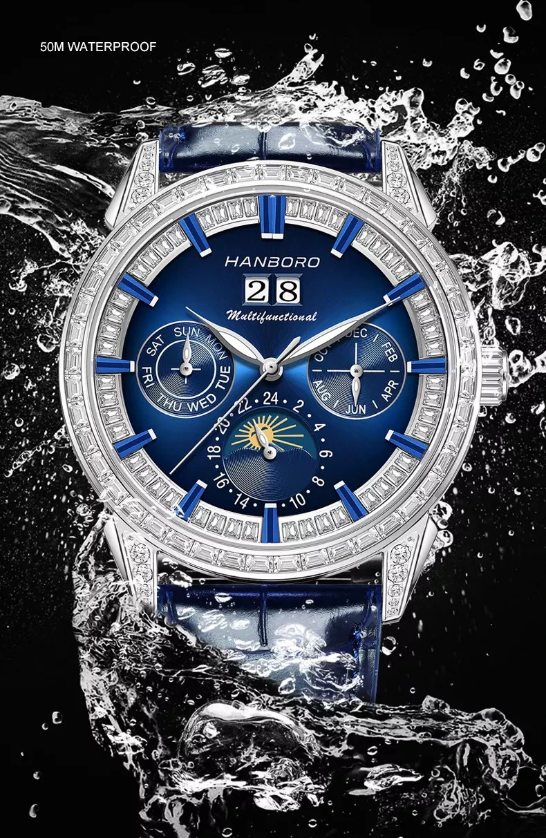 HANBORO Orologio automatico da uomo 41,5 mm Orologio da polso meccanico di lusso 50M Impermeabile Lunetta in cristallo luminoso Multi-quadrante Settimana Mese Data