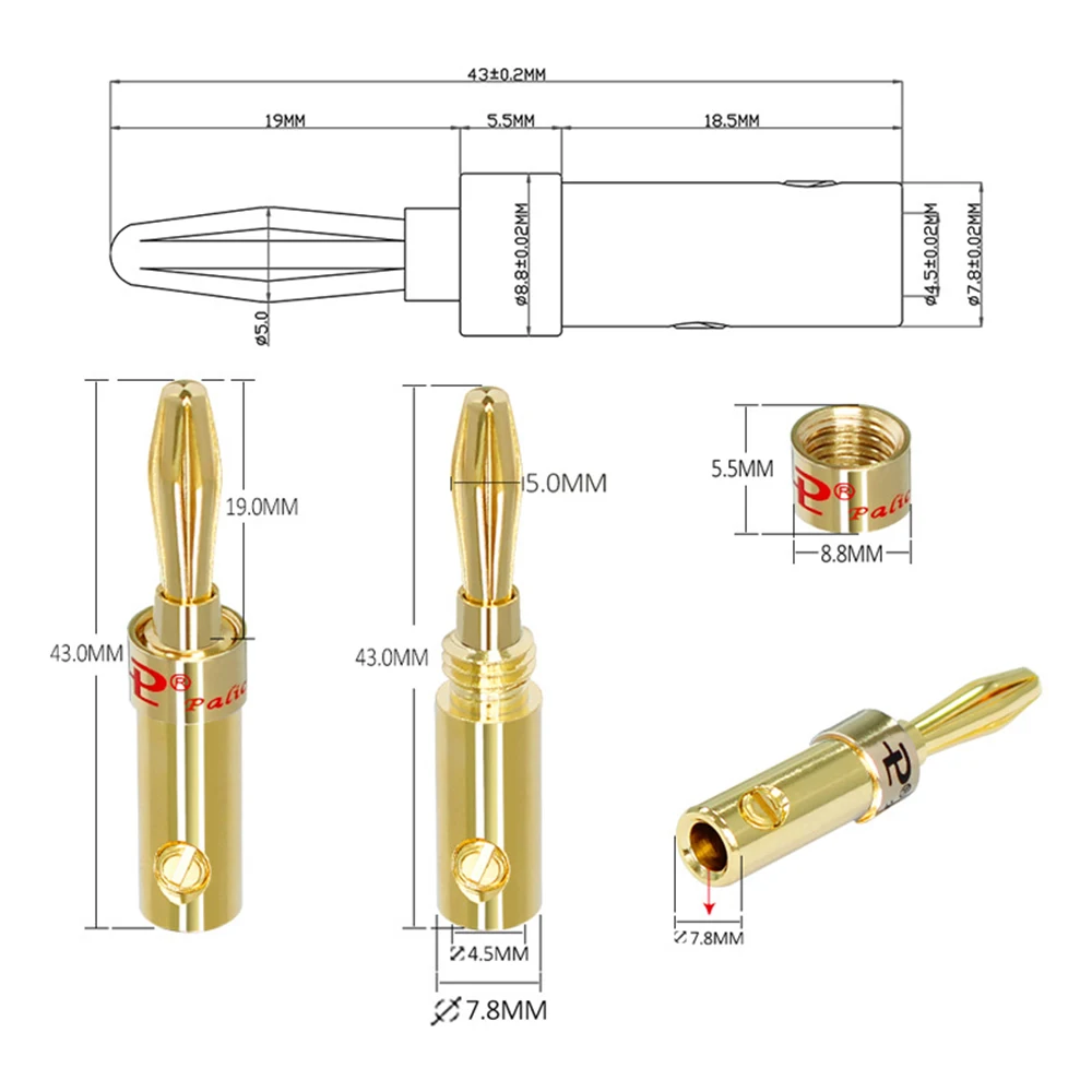 2PCS Banana Plug 4mm Copper 4K Gold Plated Connector Stereo Solderless Speaker Audio Jack Adapter Banana Connector Binding Post