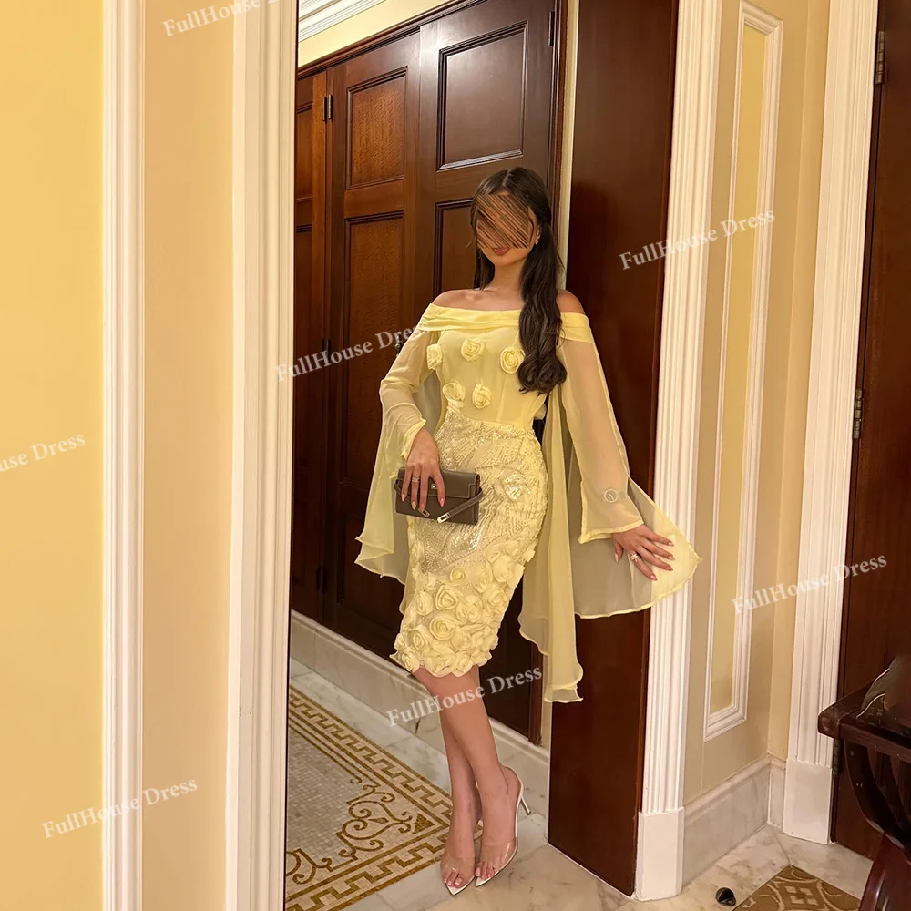 

Платье на заказ с желтым воротником-лодочкой и цветочными блестками, кружевное вечернее платье-футляр с открытой спиной, длиной до колена, платье для выпускного вечера с длинным рукавом