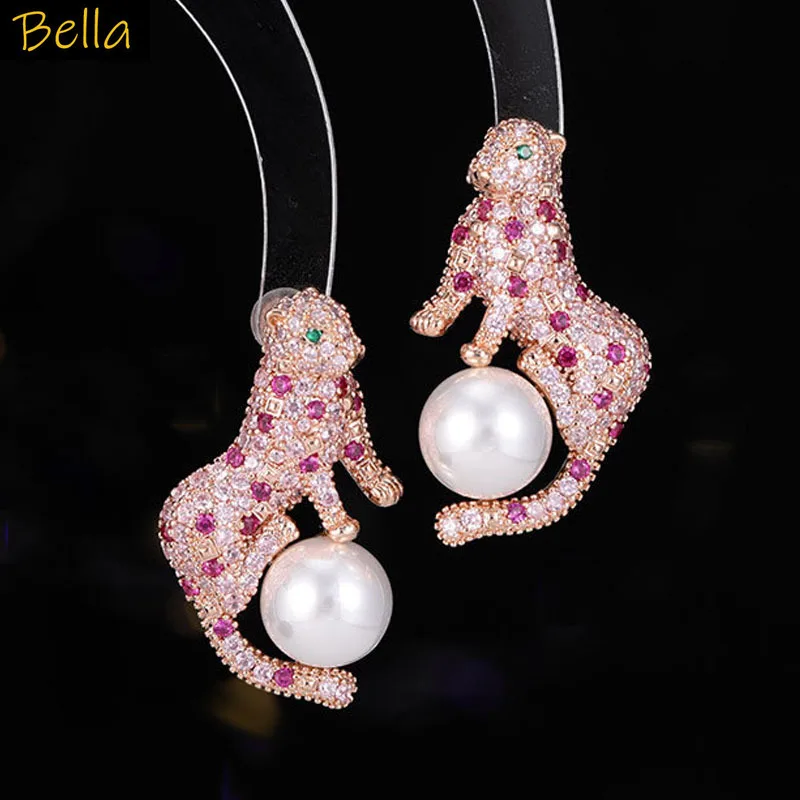 

pink zircon leopard earrings gold silver color jewelry women cute stud earrings dinner party gift