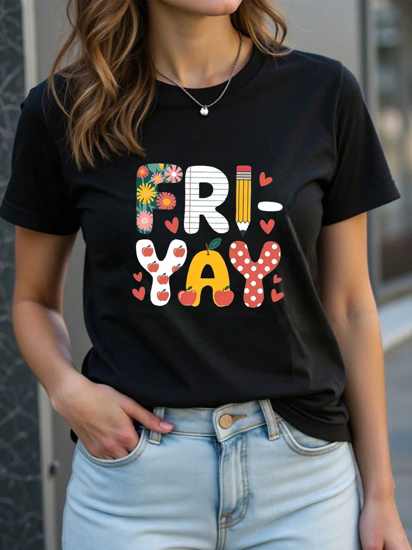 

FRIYAY Pencil Flower Teacher Love Apple Print, Women's Fashion Top, Festival Dress for the Start of School Season