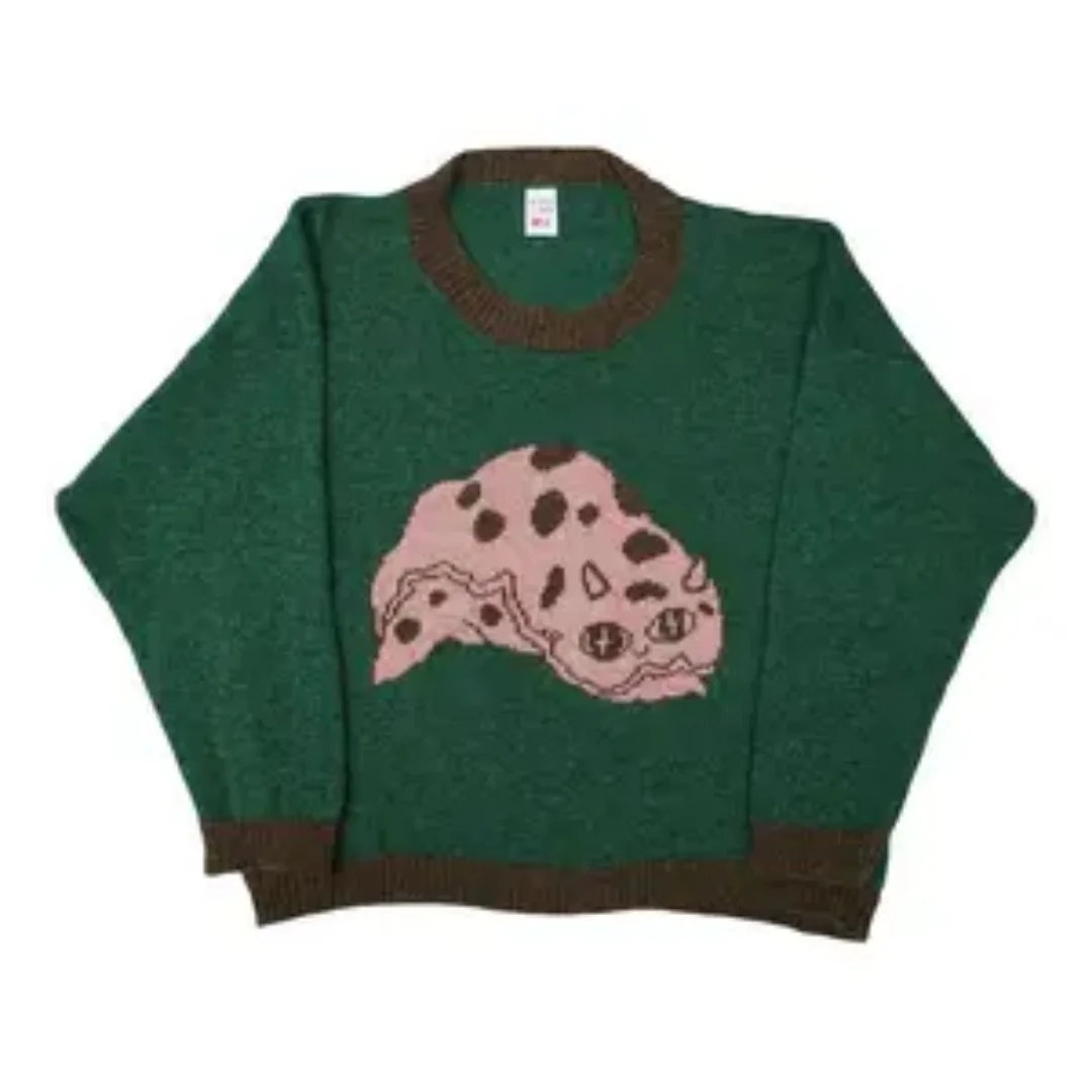 

Women's Retro Green Knitted Sweater Round Neck Long Sleeve Fashionable Innovative Style Autumn Top