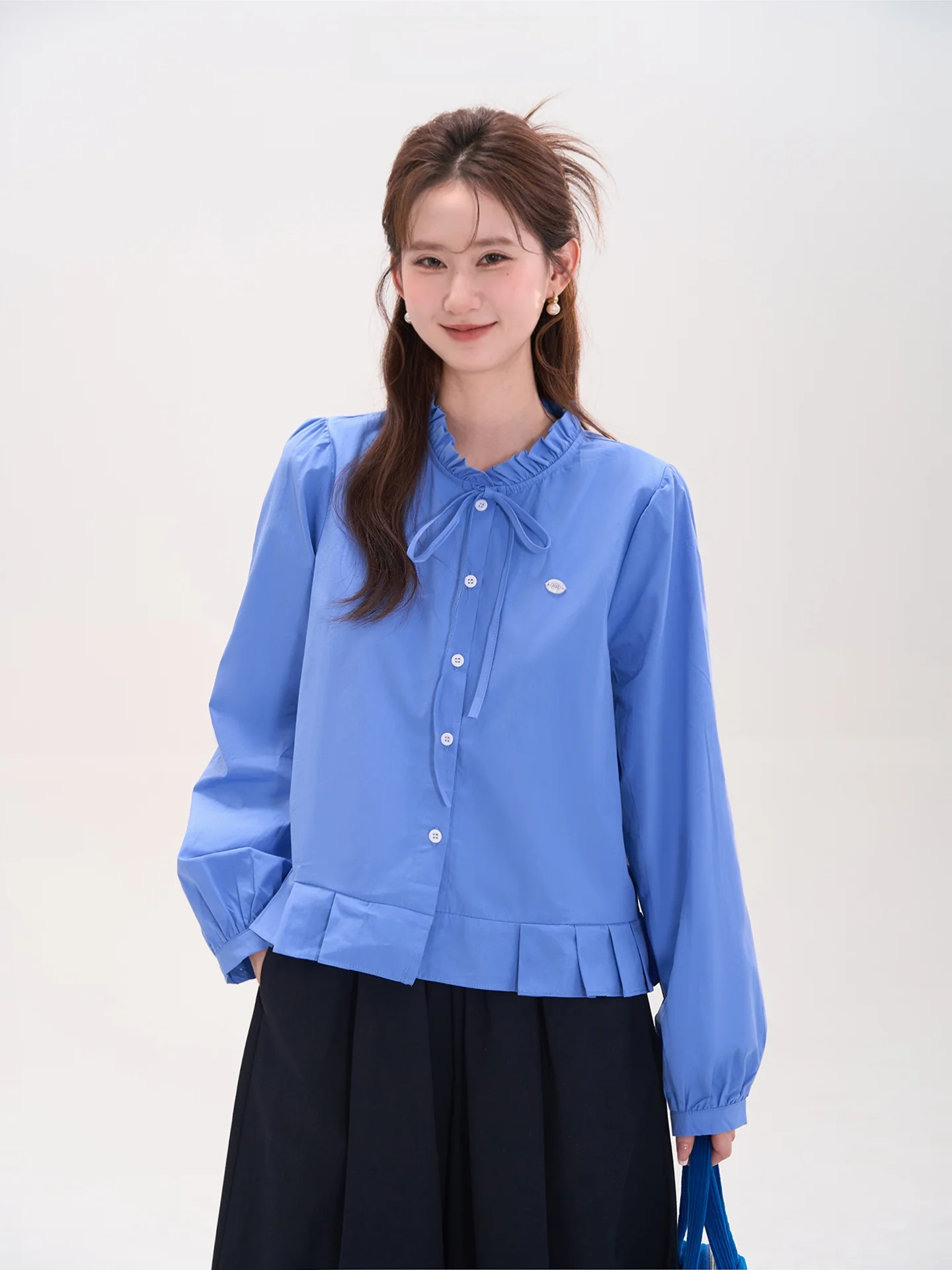 

Женская блузка с цветочным кружевом, воротником-стойкой и поясом, дышащая, плиссированная, из корейского хлопка, с эффектом омоложения, Sun Sensation