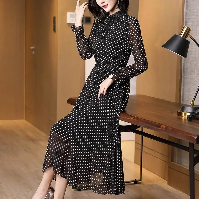 

Spring Autumn Peter Pan Collar Beading Dresses Elegant A-Line Waist Women's Clothing Drawstring Commute Polka Dot Midi Dress New