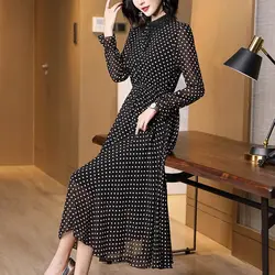 Spring Autumn Peter Pan Collar Beading Dresses Elegant A-Line Waist Women's Clothing Drawstring Commute Polka Dot Midi Dress New