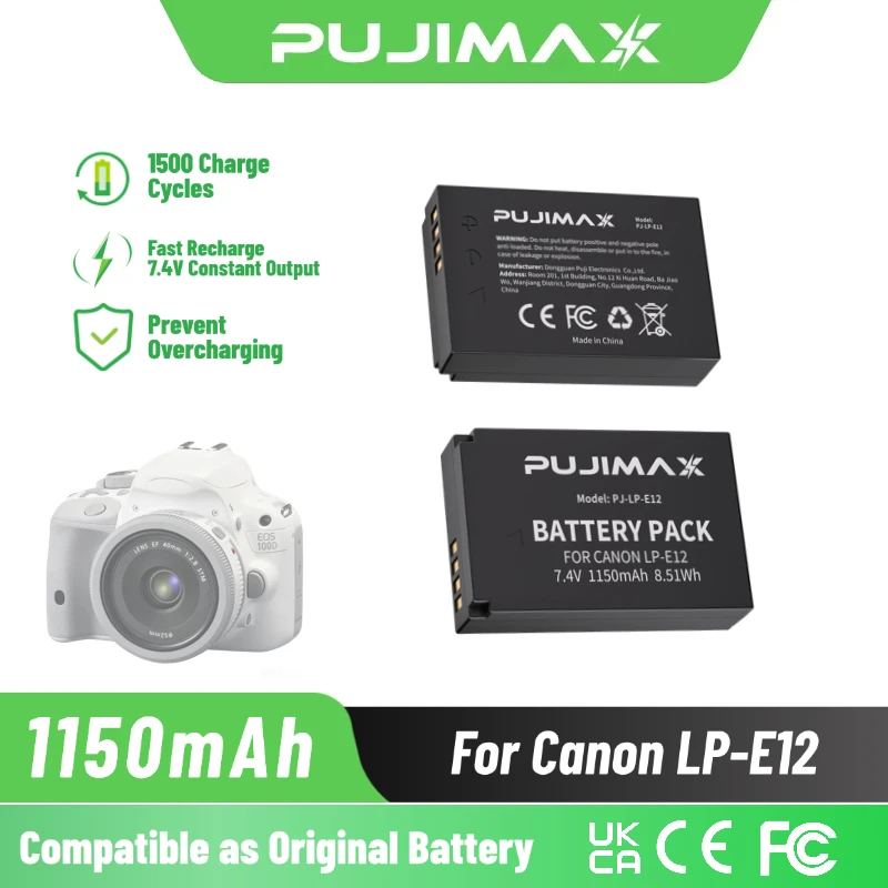 PUJIMAX LP-E12 1150mAh Li-ion Replacement Battery for Canon EOS M M50 M100 M200 Rebel SL1 100D Kiss X7 SX70 HS Rebel SL1 Camera
