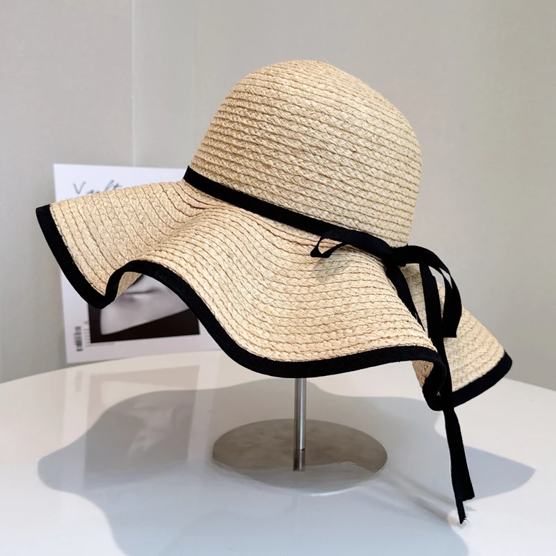 Hand woven lace ribbon Fisherman hat Women's summer hand hook Raffia pot hat High quality everything stylish beach hat