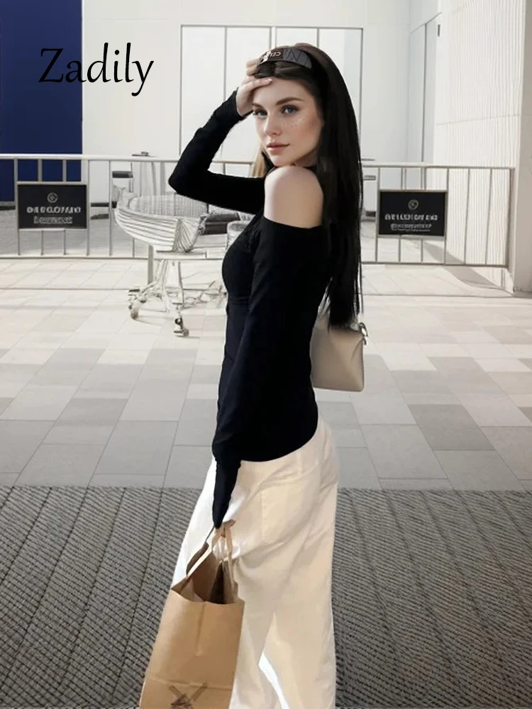 Sexy Skew Collar Women T Shirt 2025 Spring New Korea Style Long Sleeve Solid Color Women's Top Tee Casual Bottoming Clothing