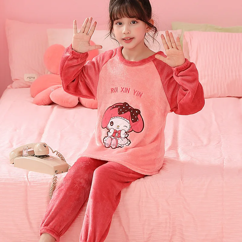 

Children Pajamas Autumn Winter Coral Flannel Home Clothing and Thick To Keep Warm Home Boys and Girls Plush Anime Sanrio Kuromi