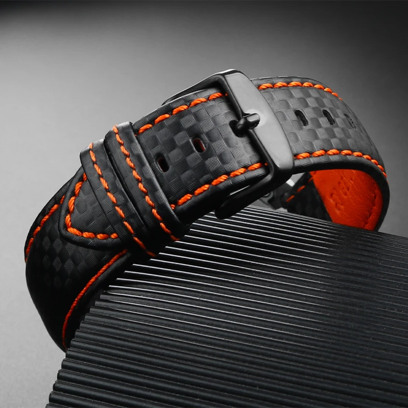 Carbon Fiber Pattern cowhide Watch Strap Men\'s Accessories 18mm 20mm 21mm 22mm 23mm 24mm wristband Orange Red Watchband Bracelet