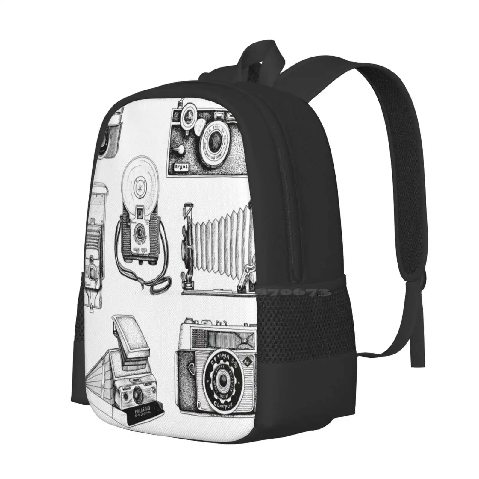 Vintage Camera Collection Backpack For Student School Laptop Travel Bag Cameras Vintage Retro Pen And Ink Black And White